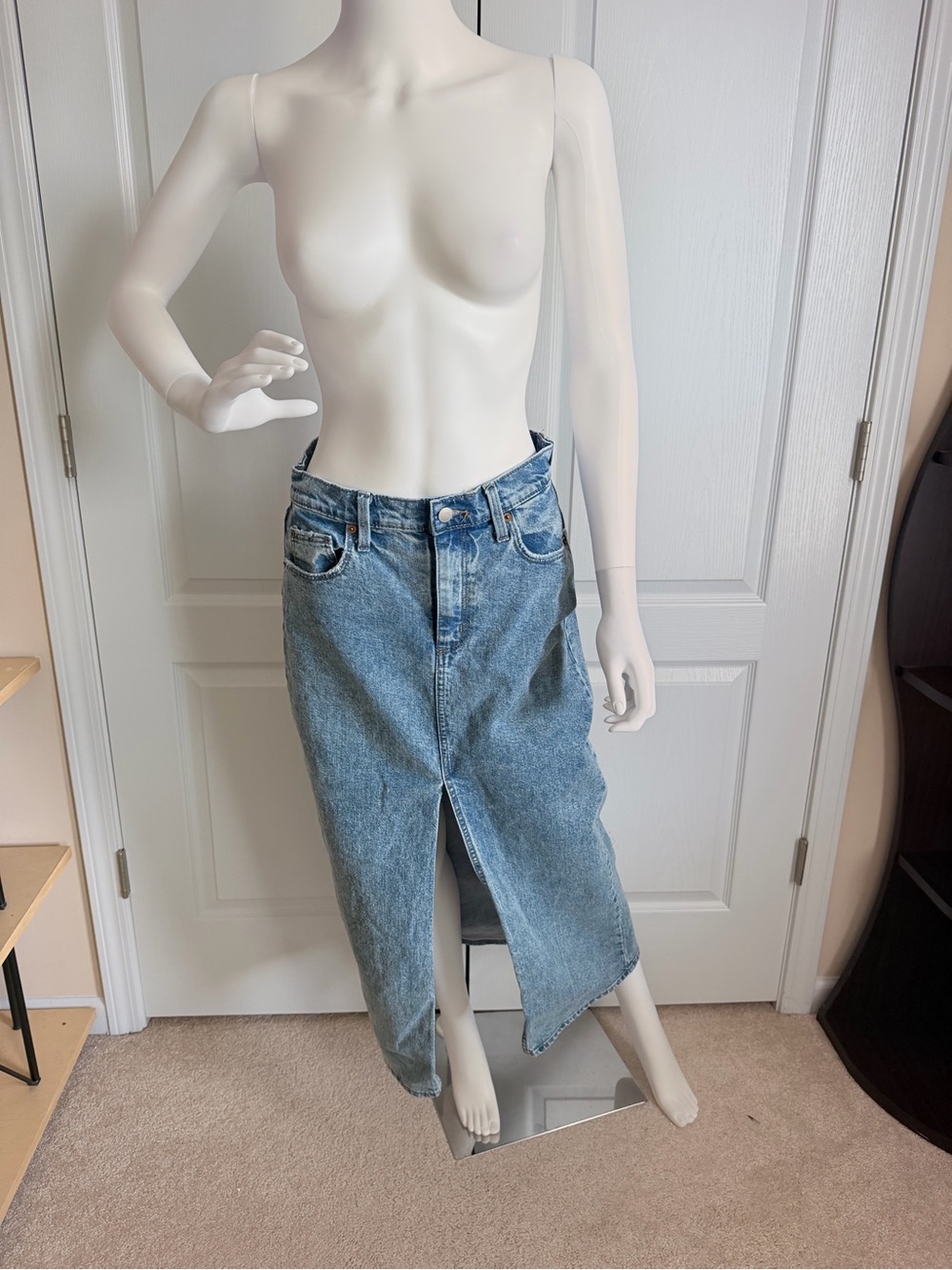 Classic High Rise Blue Denim Maxi Skirt with Front Slit Size 6